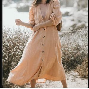 Hazel + Folk Olivia Maxi Dress Plunge Neck Tassel Tie Button Front